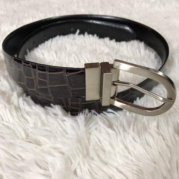 Dark Chocolate Croc Embossed Patent Leather Brushed Silver Metal Buckle Belt - Picture 1 of 9